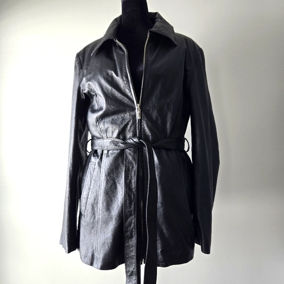 Oscar Piel Women's Belted Leather Short Trench Coat Size Large - Picture 1 of 16